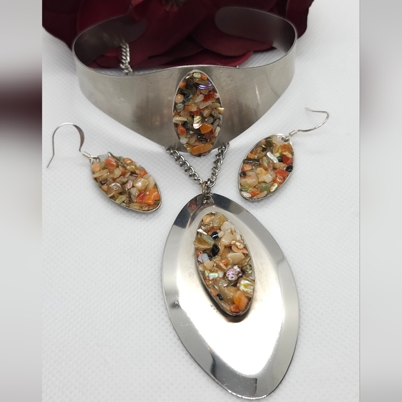 Princess Multi Stone & Abalone Shell Chip Necklace Cuff Bracelet & Earring Set - Picture 6 of 16